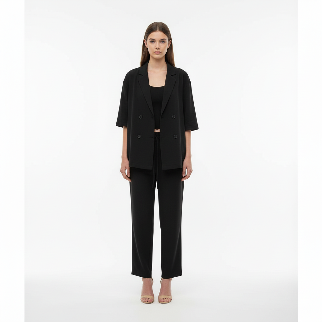Relaxed Fit Double-Breasted Jacket with Culottes — Black