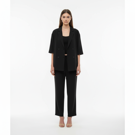 Relaxed Fit Double-Breasted Jacket with Culottes — Black