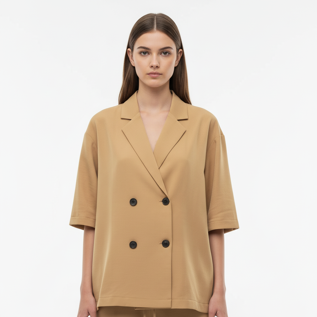 Relaxed Fit Double-Breasted Jacket with Culottes — Camel