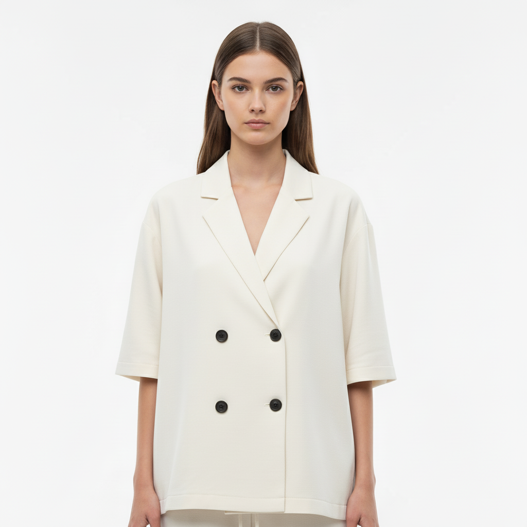 Relaxed Fit Double-Breasted Jacket with Culottes — White