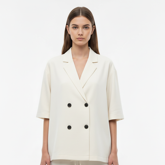 Relaxed Fit Double-Breasted Jacket with Culottes — White