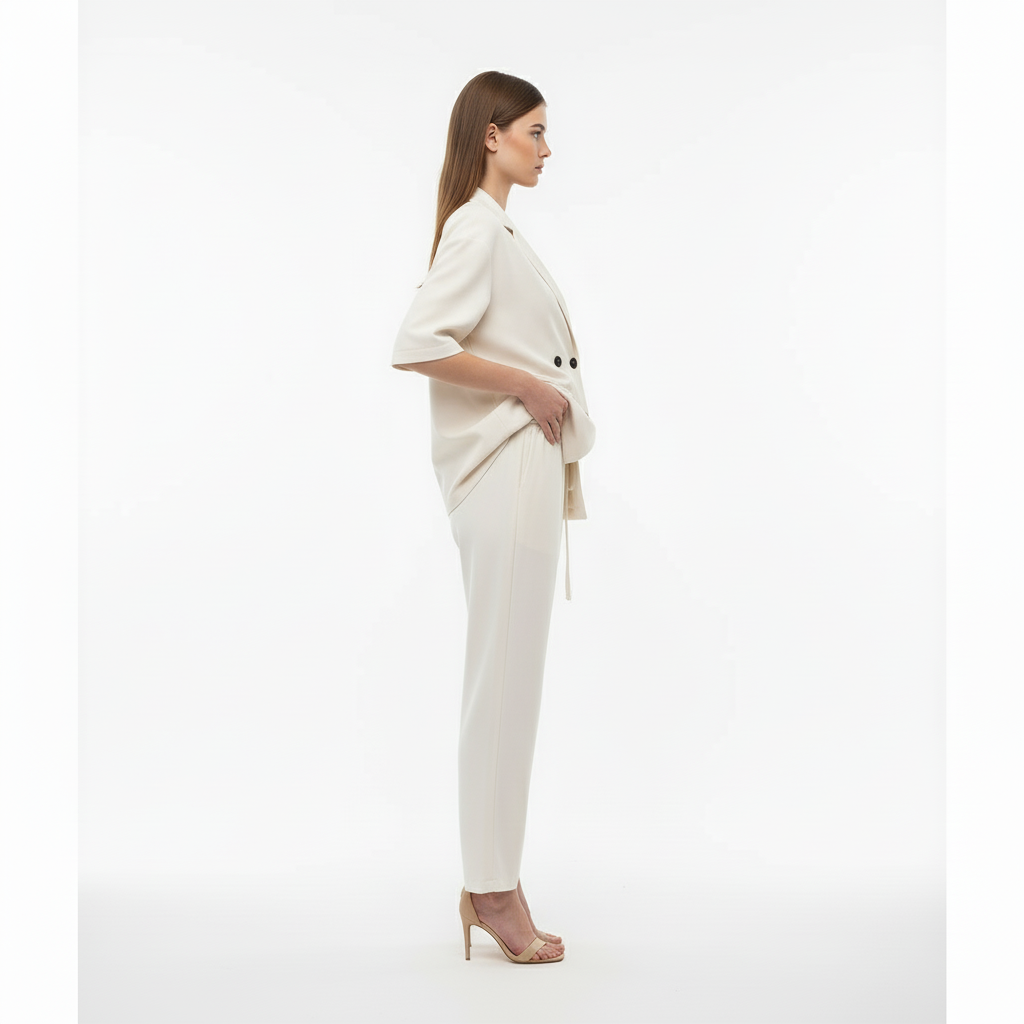Relaxed Fit Double-Breasted Jacket with Culottes — White