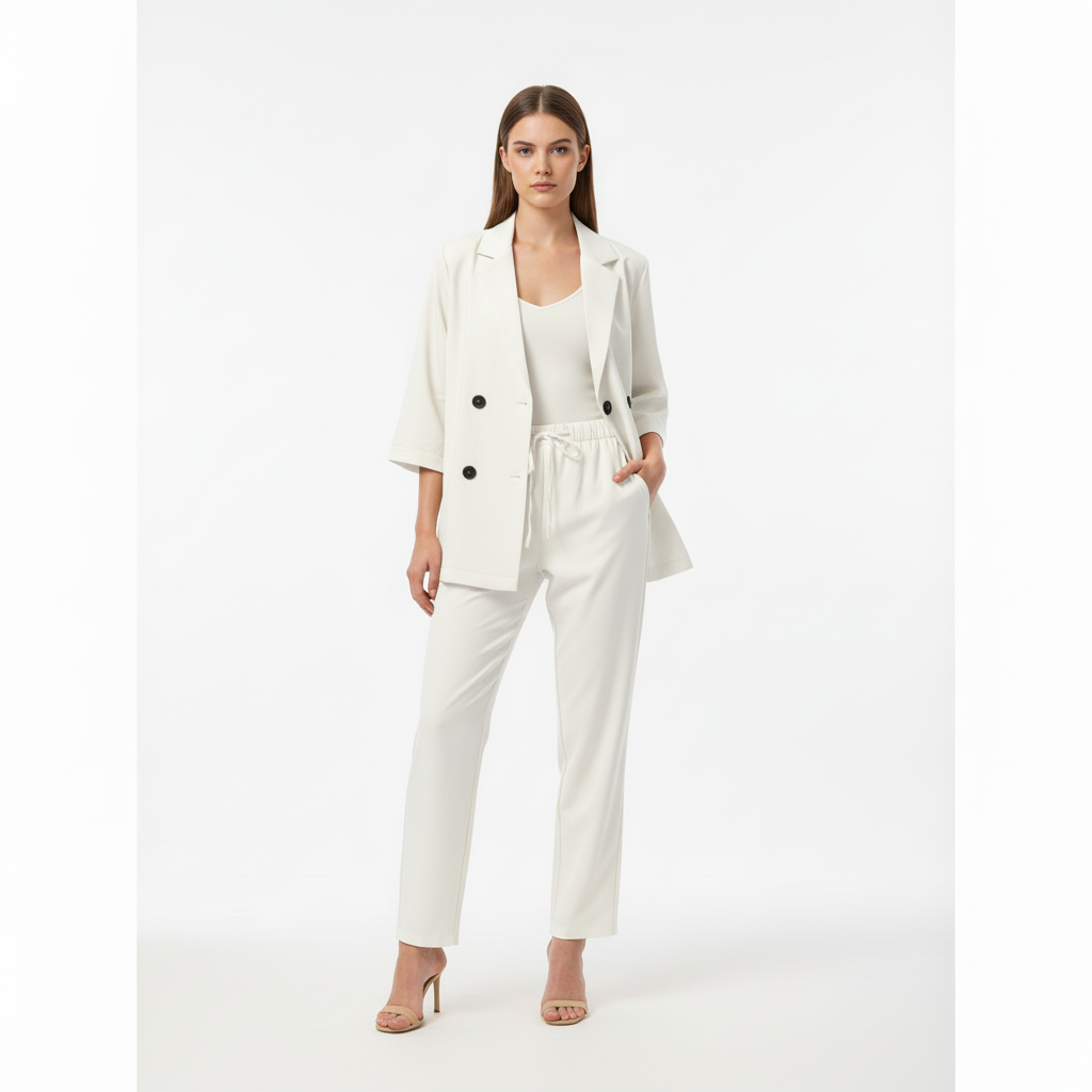 Relaxed Fit Double-Breasted Jacket with Culottes — White