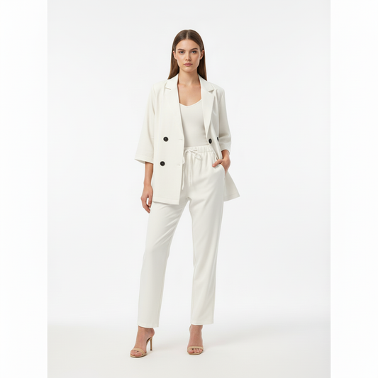 Relaxed Fit Double-Breasted Jacket with Culottes — White