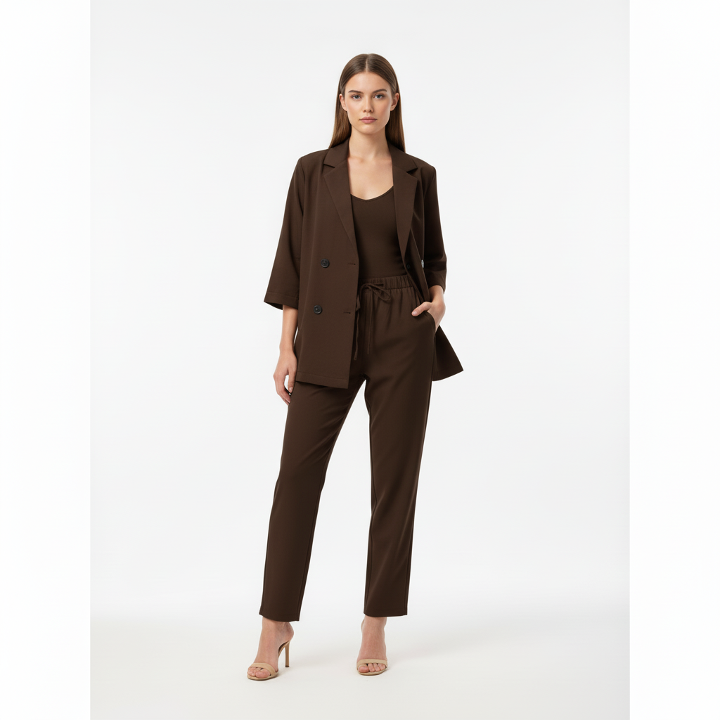 Relaxed Fit Double-Breasted Jacket with Culottes — Dark Brown