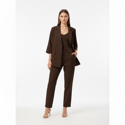 Relaxed Fit Double-Breasted Jacket with Culottes — Dark Brown