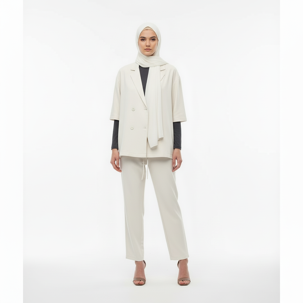 Relaxed Fit Double-Breasted Jacket with Culottes — White