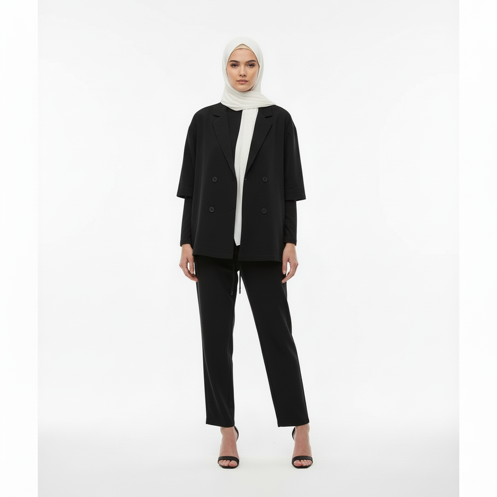 Relaxed Fit Double-Breasted Jacket with Culottes — Black