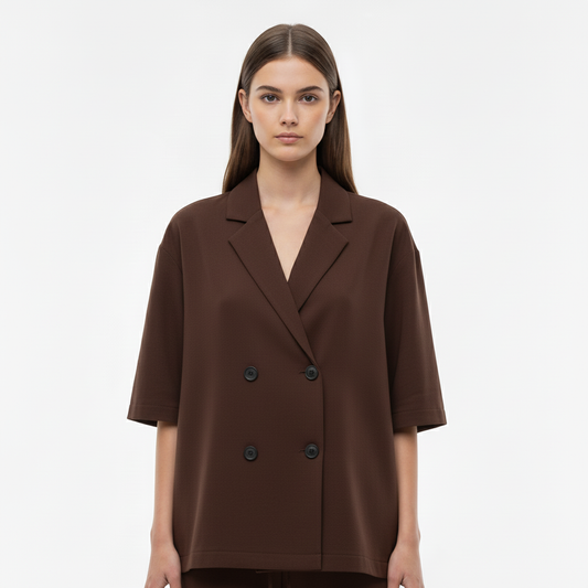 Relaxed Fit Double-Breasted Jacket with Culottes — Dark Brown