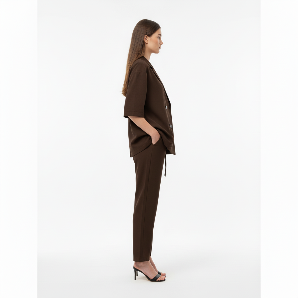 Relaxed Fit Double-Breasted Jacket with Culottes — Dark Brown