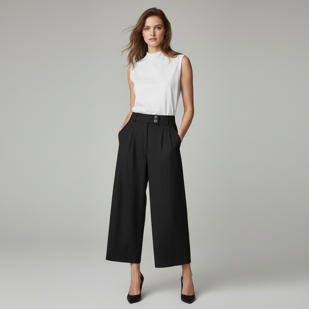 Linen Blend Wide-Leg Trousers — Black