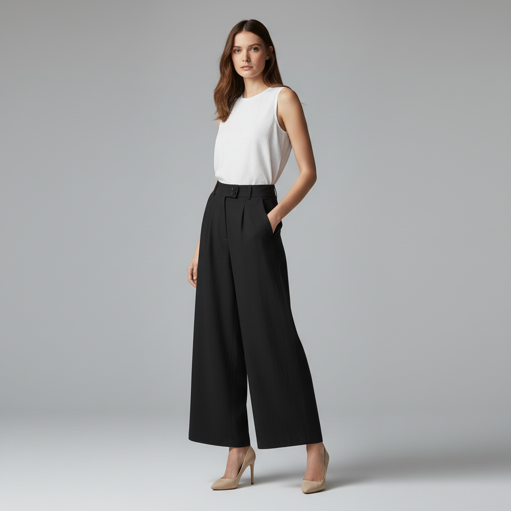 Linen Blend Wide-Leg Trousers — Black