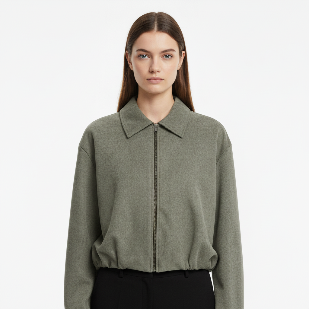 Essential Cropped Harrington Jacket — Olive Green