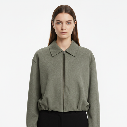 Essential Cropped Harrington Jacket — Olive Green