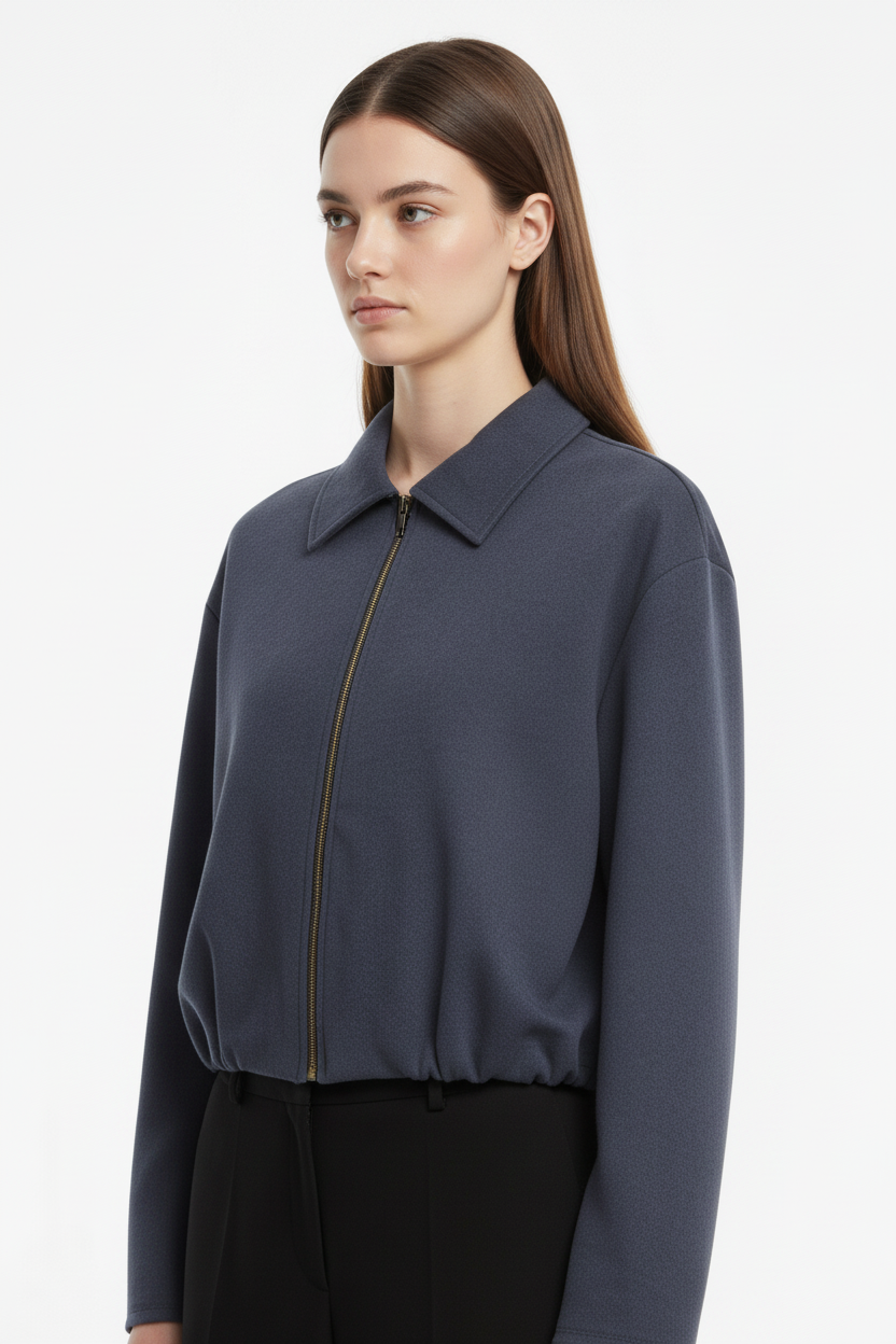Essential Cropped Harrington Jacket — Navy Blue