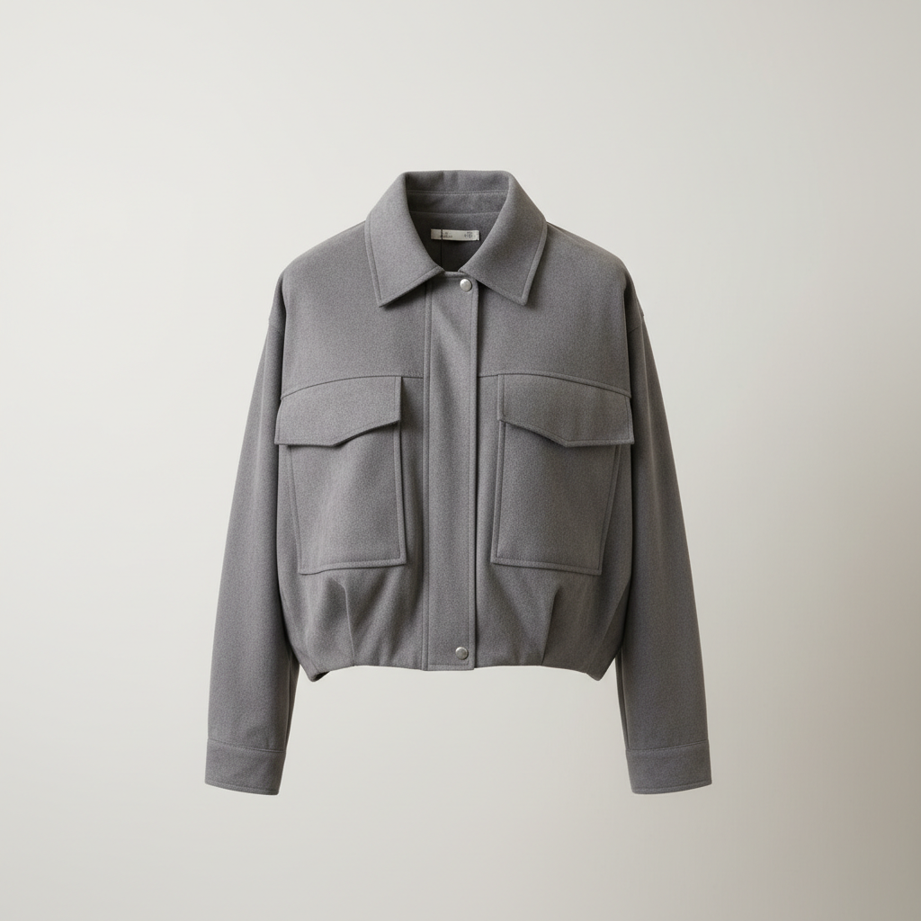 Women's Grey Utility Cropped Jacket - Structured Bomber with Pockets