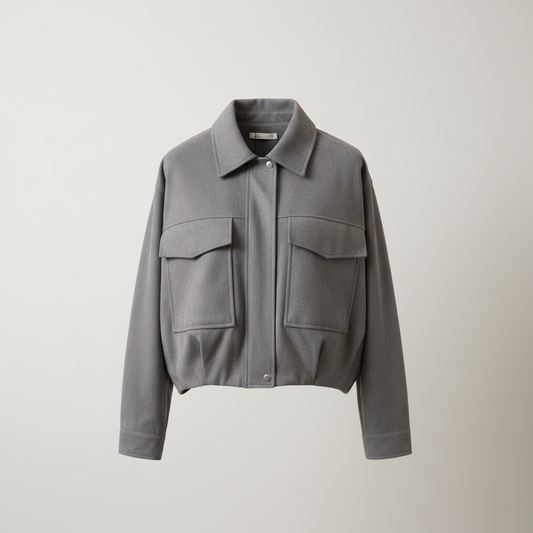 Women's Grey Utility Cropped Jacket - Structured Bomber with Pockets