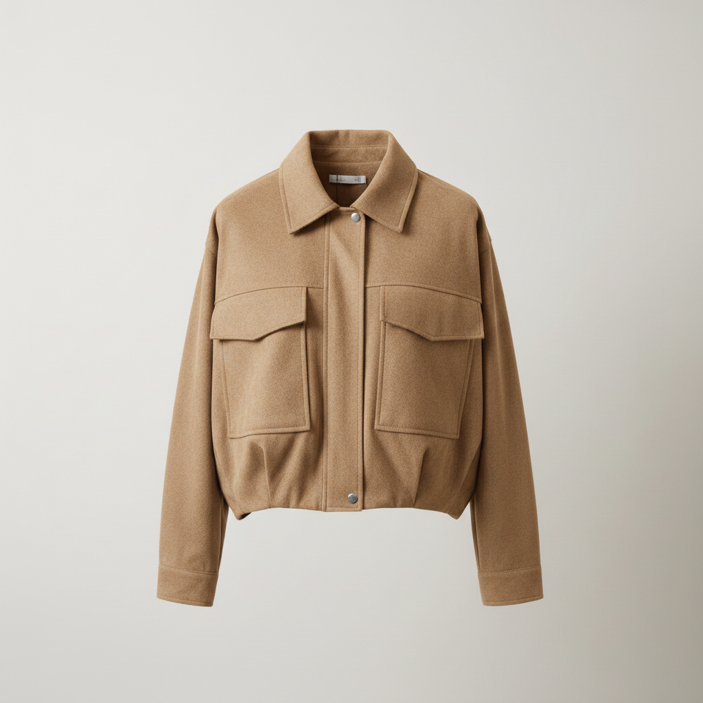 Women's Camel Utility Cropped Jacket - Structured Bomber with Pockets