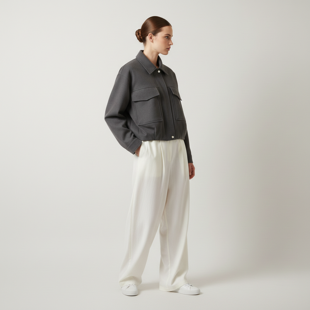 Women's Utility Cropped Jacket - Structured Bomber with Pockets
