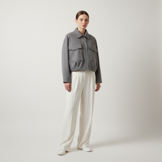 Women's Grey Utility Cropped Jacket - Structured Bomber with Pockets