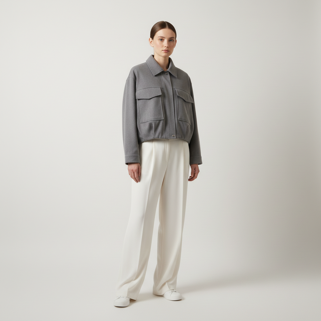 Women's Grey Utility Cropped Jacket - Structured Bomber with Pockets
