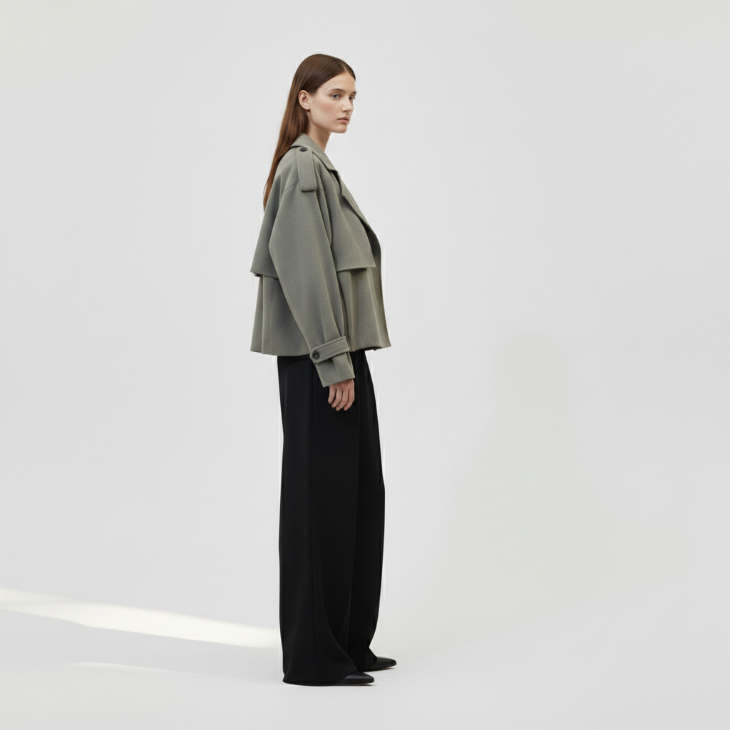 The Oversized Twill Cropped Trench — Sage Green