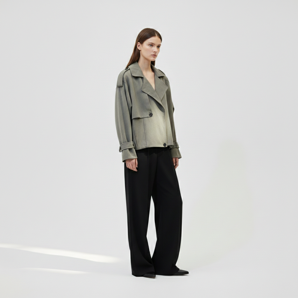 The Oversized Twill Cropped Trench — Sage Green