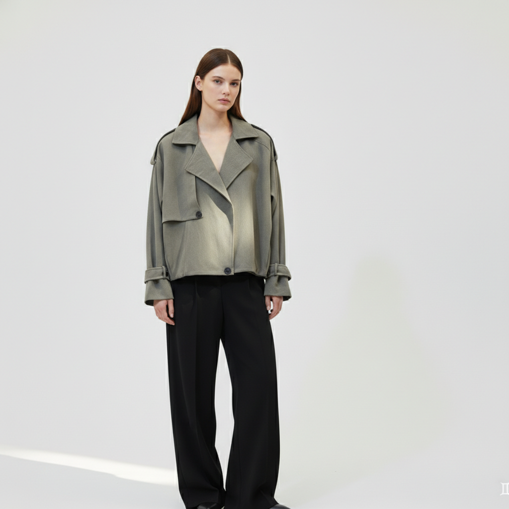The Oversized Twill Cropped Trench — Sage Green