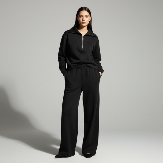 Gazzelle Interlock Wide-Leg Set — Black | طقم منسق محتشم الإمارات