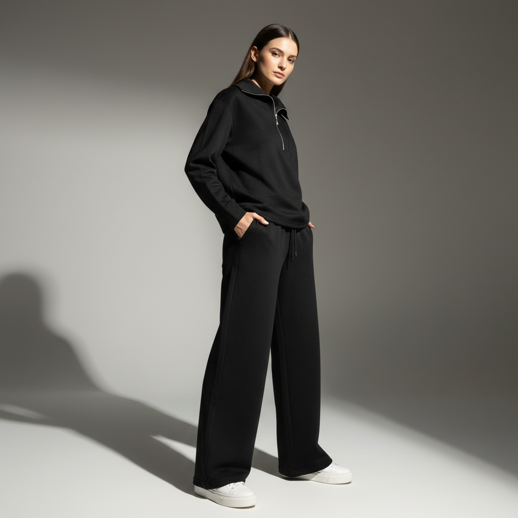 Gazzelle Interlock Wide-Leg Set — Black | طقم منسق محتشم الإمارات