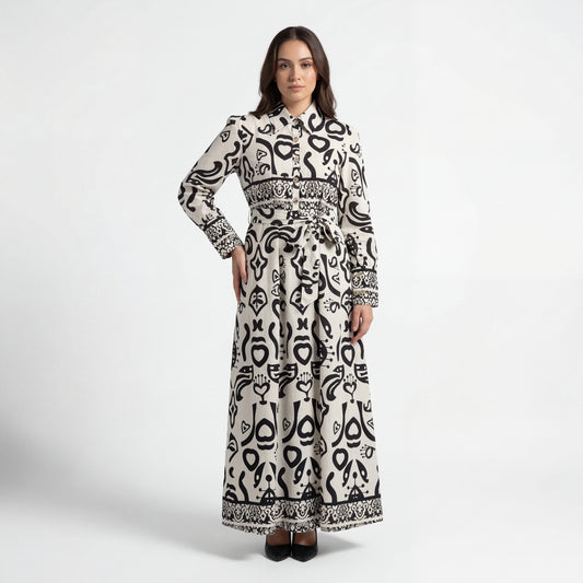 Abstract Calligraphy Print Belted Maxi Shirt Dress - Off-white & Black