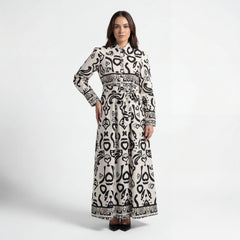 Abstract Calligraphy Print Belted Maxi Shirt Dress- Off-white & Black