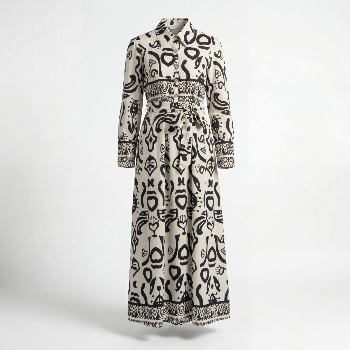 Abstract Calligraphy Print Belted Maxi Shirt Dress - Off-white & Black
