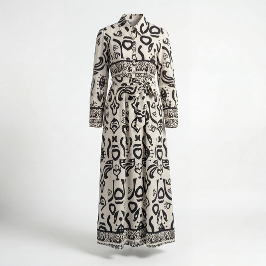 Abstract Calligraphy Print Belted Maxi Shirt Dress - Off-white & Black