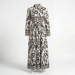 Abstract Calligraphy Print Belted Maxi Shirt Dress- Off-white & Black