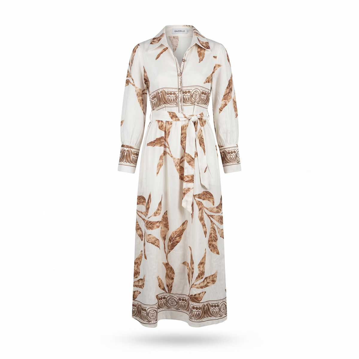 GAZZELLE Tropical Leaf Print Belted Maxi Shirt Dress