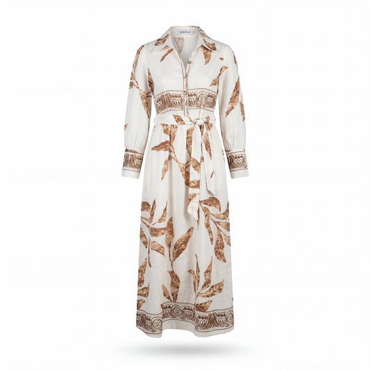 GAZZELLE Tropical Leaf Print Belted Maxi Shirt Dress