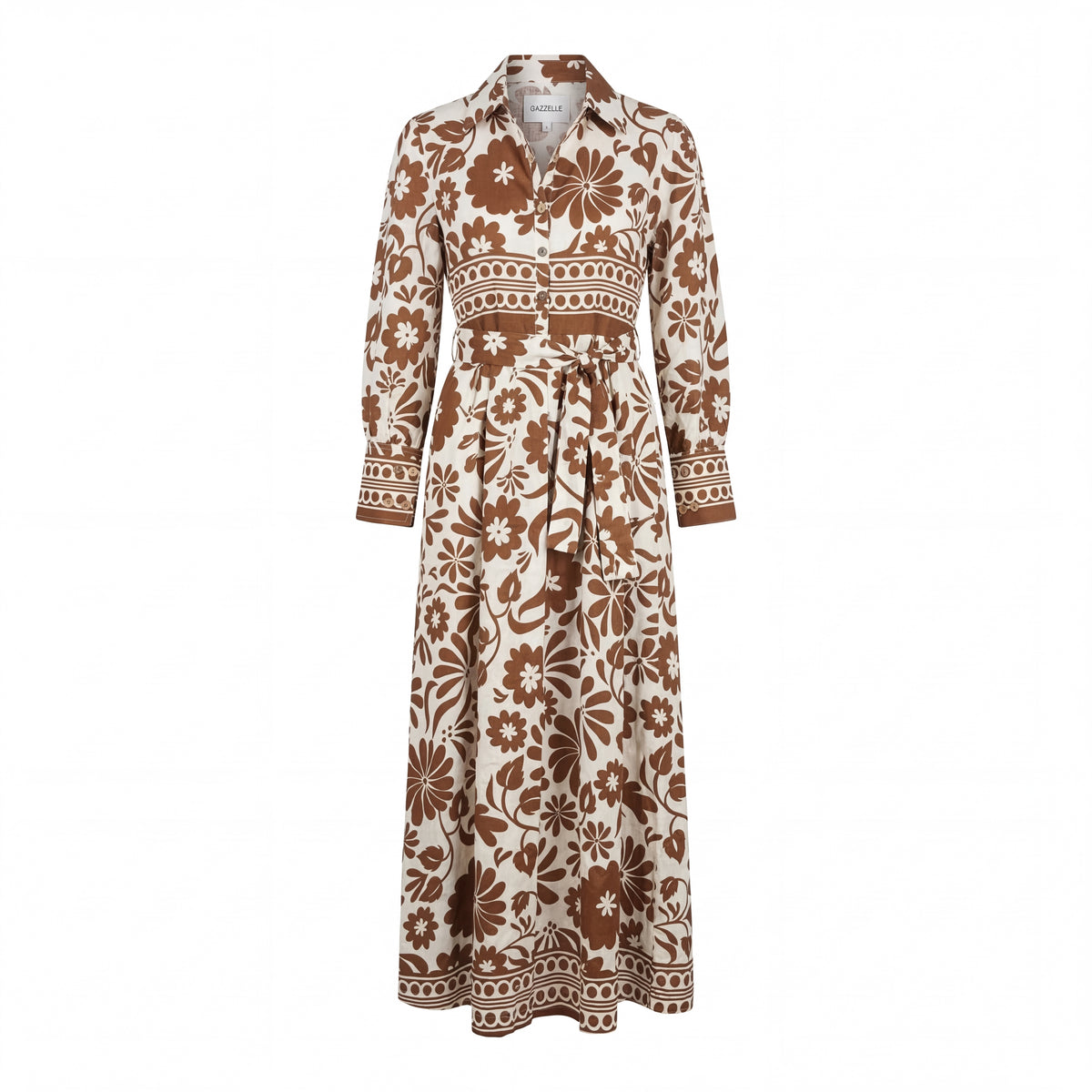 Retro Floral Belted Maxi Shirt Dress - Cream & Caramel Brown