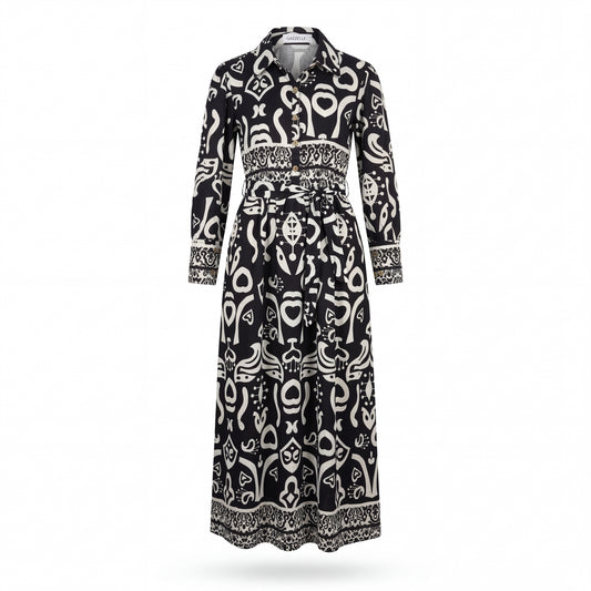 Abstract Tribal Print Maxi Shirt Dress — Noir Edition