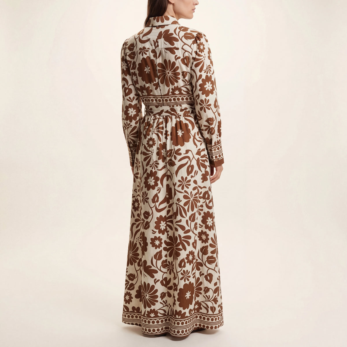 Retro Floral Belted Maxi Shirt Dress - Cream & Caramel Brown