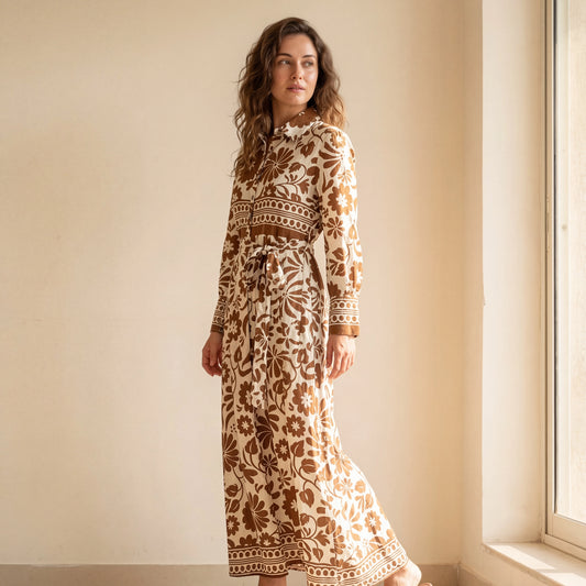 Retro Floral Belted Maxi Shirt Dress - Cream & Caramel Brown