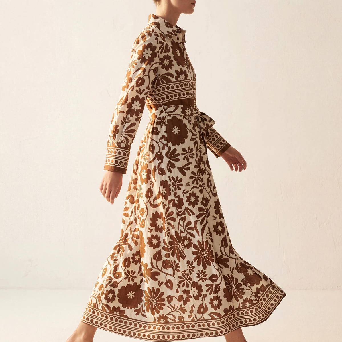 Retro Floral Belted Maxi Shirt Dress - Cream & Caramel Brown