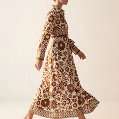Retro Floral Belted Maxi Shirt Dress- Cream & Caramel Brown