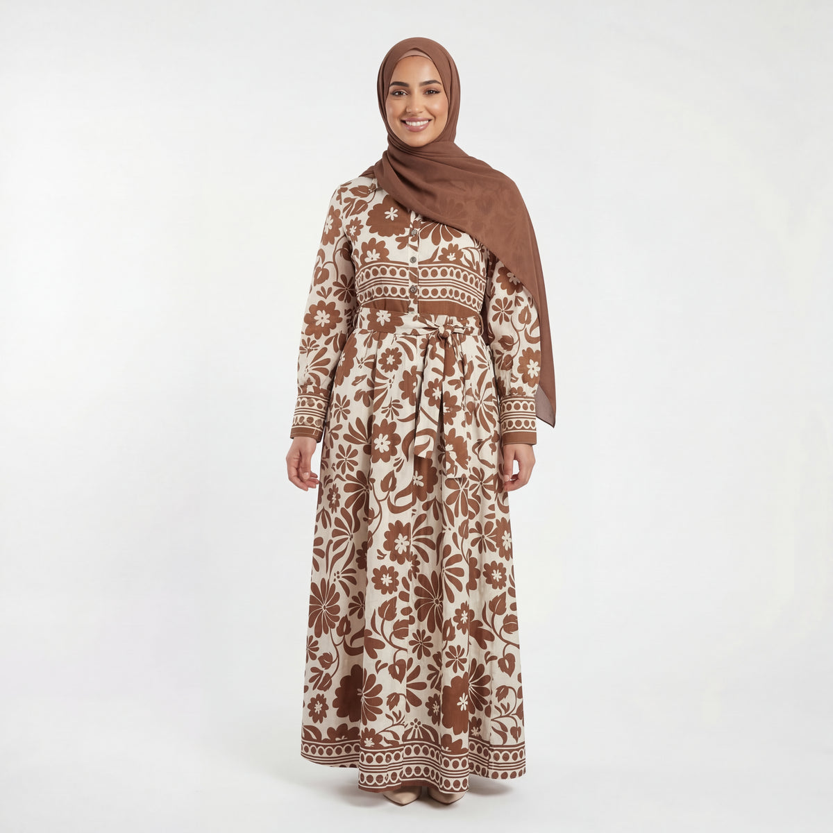 Retro Floral Belted Maxi Shirt Dress - Cream & Caramel Brown