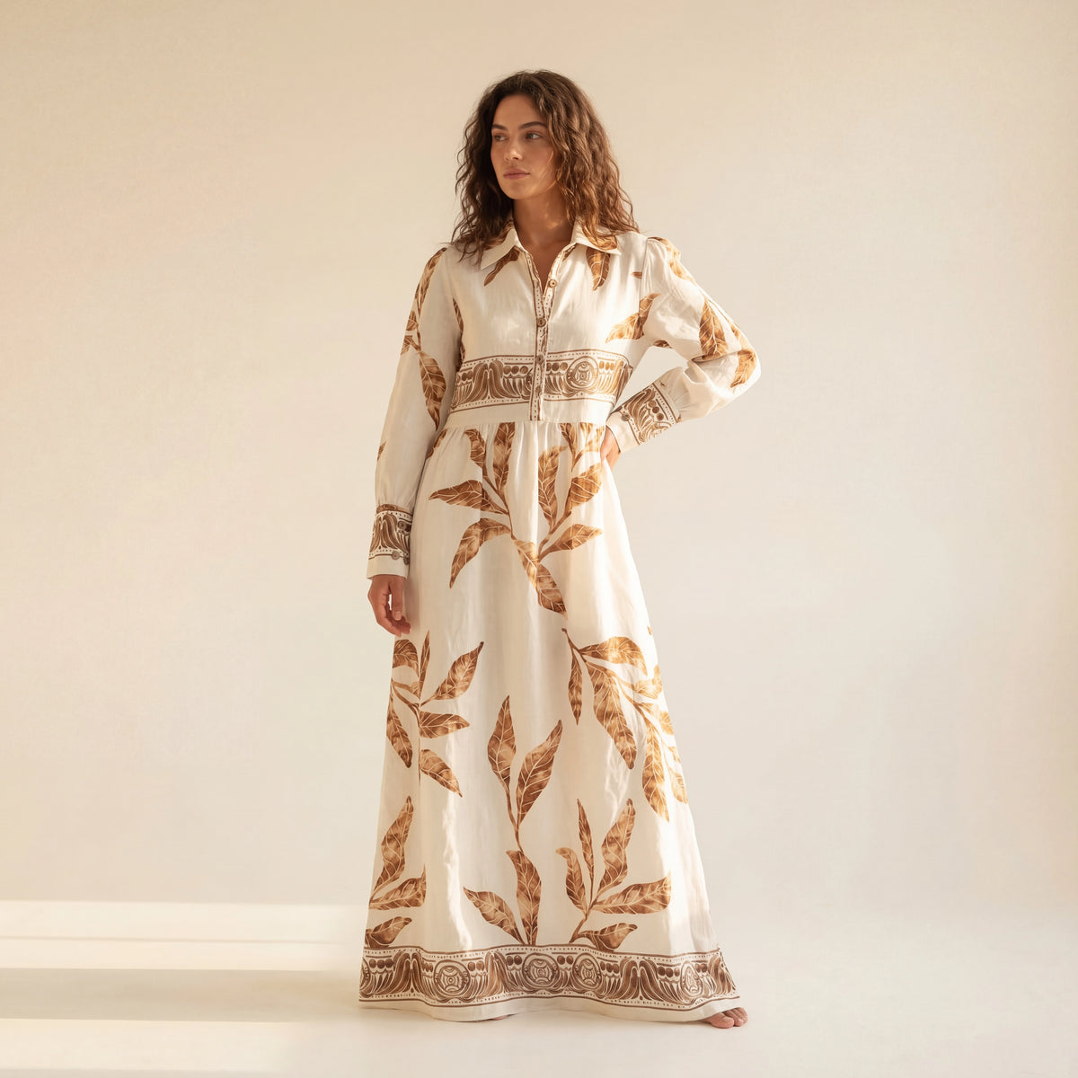 GAZZELLE Tropical Leaf Print Belted Maxi Shirt Dress