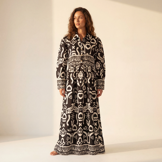 Abstract Tribal Print Maxi Shirt Dress — Noir Edition