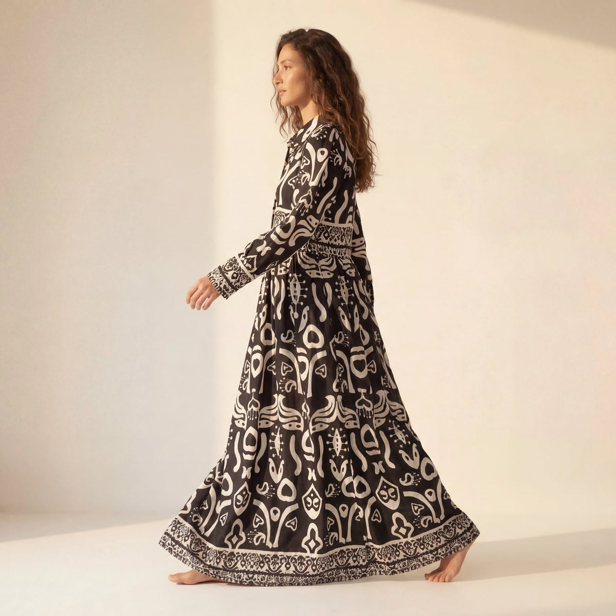 Abstract Tribal Print Maxi Shirt Dress — Noir Edition